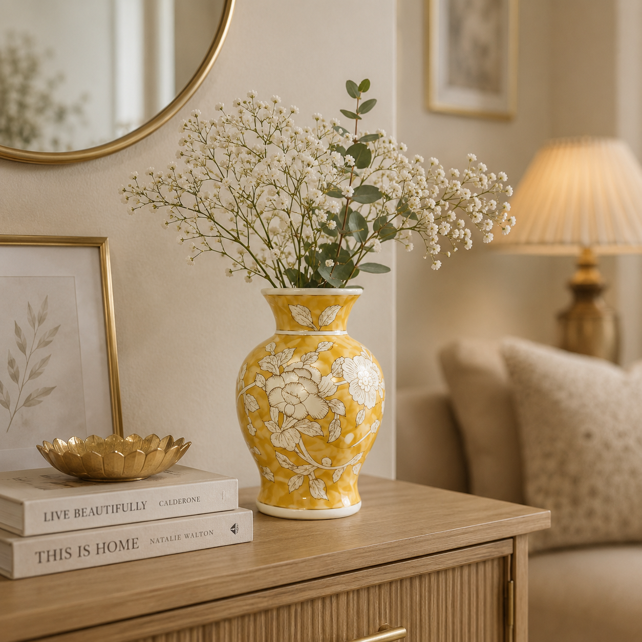 Porseleinen Bloemenvaas – Geel Wit Bloemmotief – Chinoiserie Stijl – Ø 15 × H 18 cm
