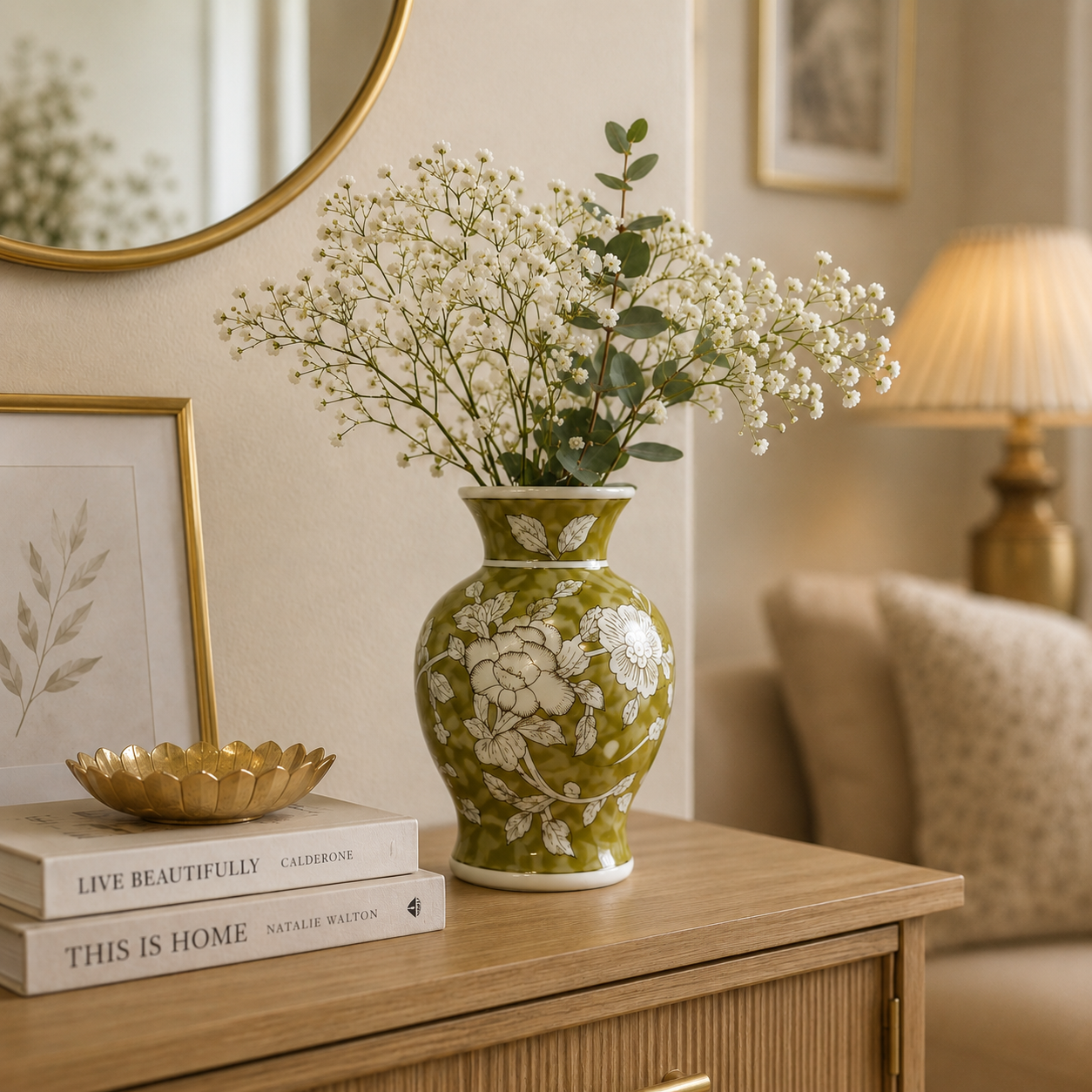 Porseleinen Bloemenvaas – Groen Wit Bloemmotief – Chinoiserie Stijl – Ø 15 × H 18 cm
