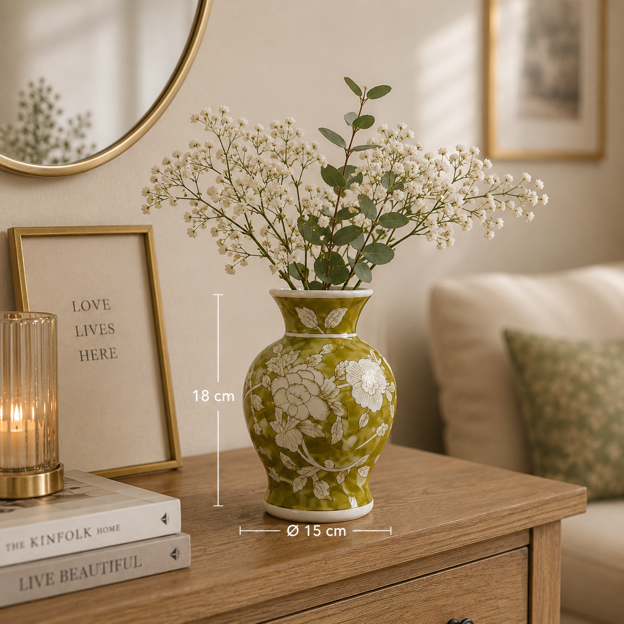 Porseleinen Bloemenvaas – Groen Wit Bloemmotief – Chinoiserie Stijl – Ø 15 × H 18 cm