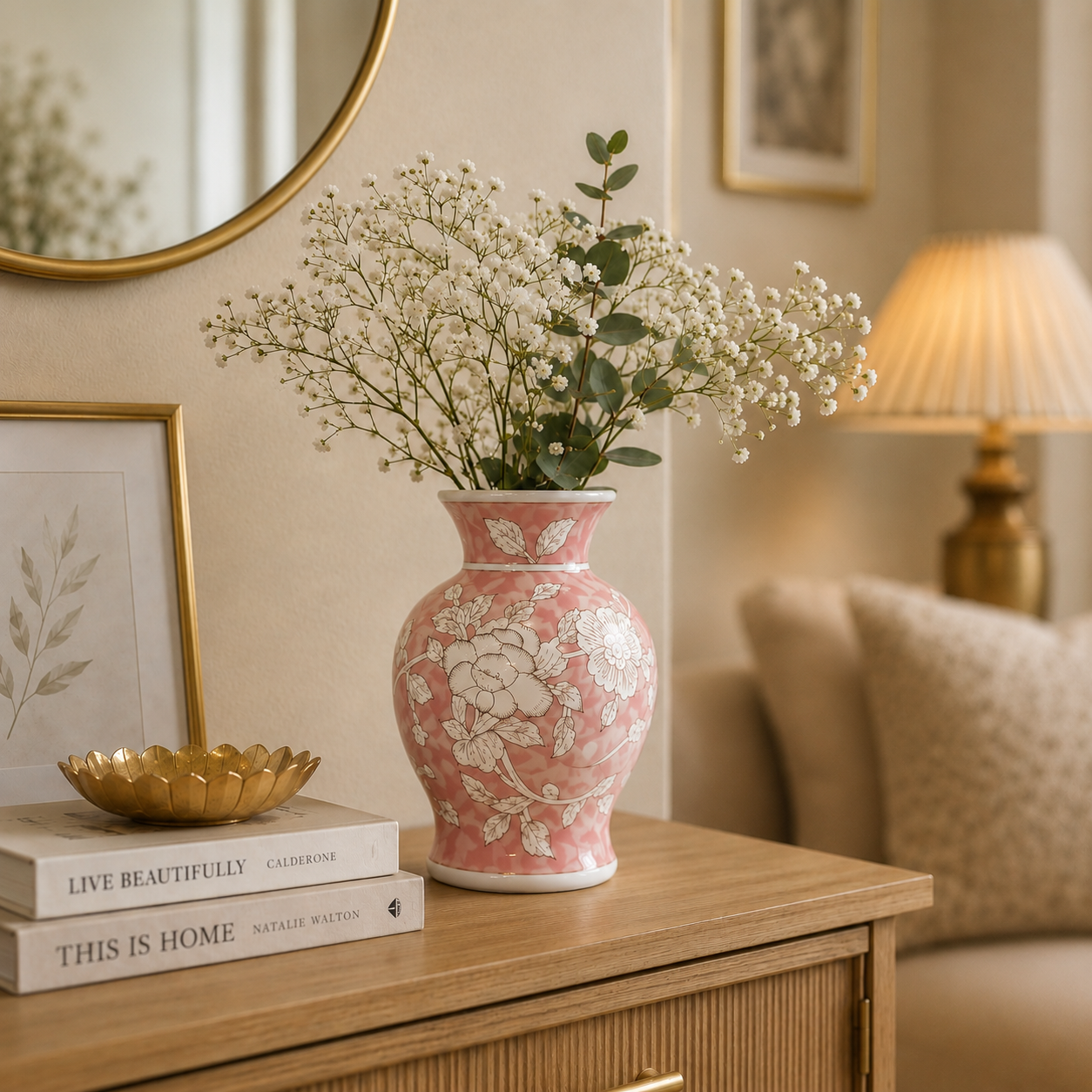 Porseleinen Bloemenvaas – Rosé Wit Bloemmotief – Chinoiserie Stijl – Ø 15 × H 18 cm