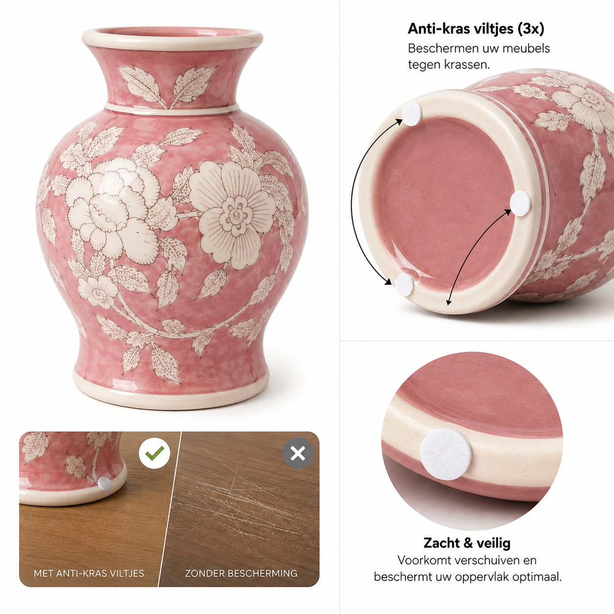 Porseleinen Bloemenvaas – Rosé Wit Bloemmotief – Chinoiserie Stijl – Ø 15 × H 18 cm