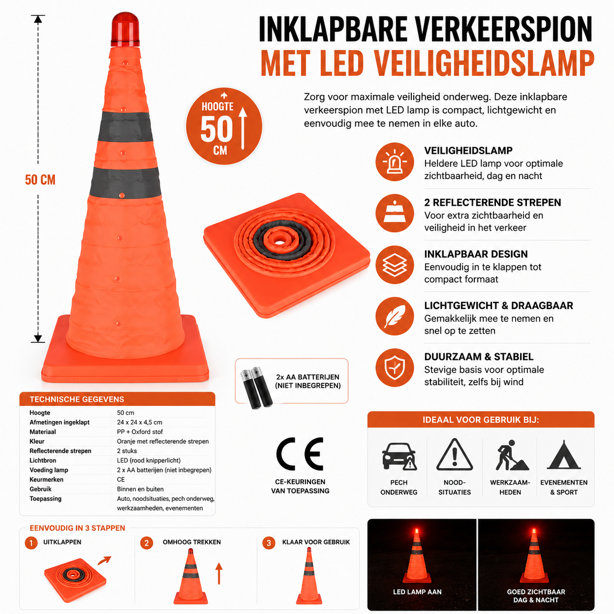 Veiligheidspion 50 cm met LED & Reflecterende Strepen – CE-gekeurd | Inclusief Opbergtas