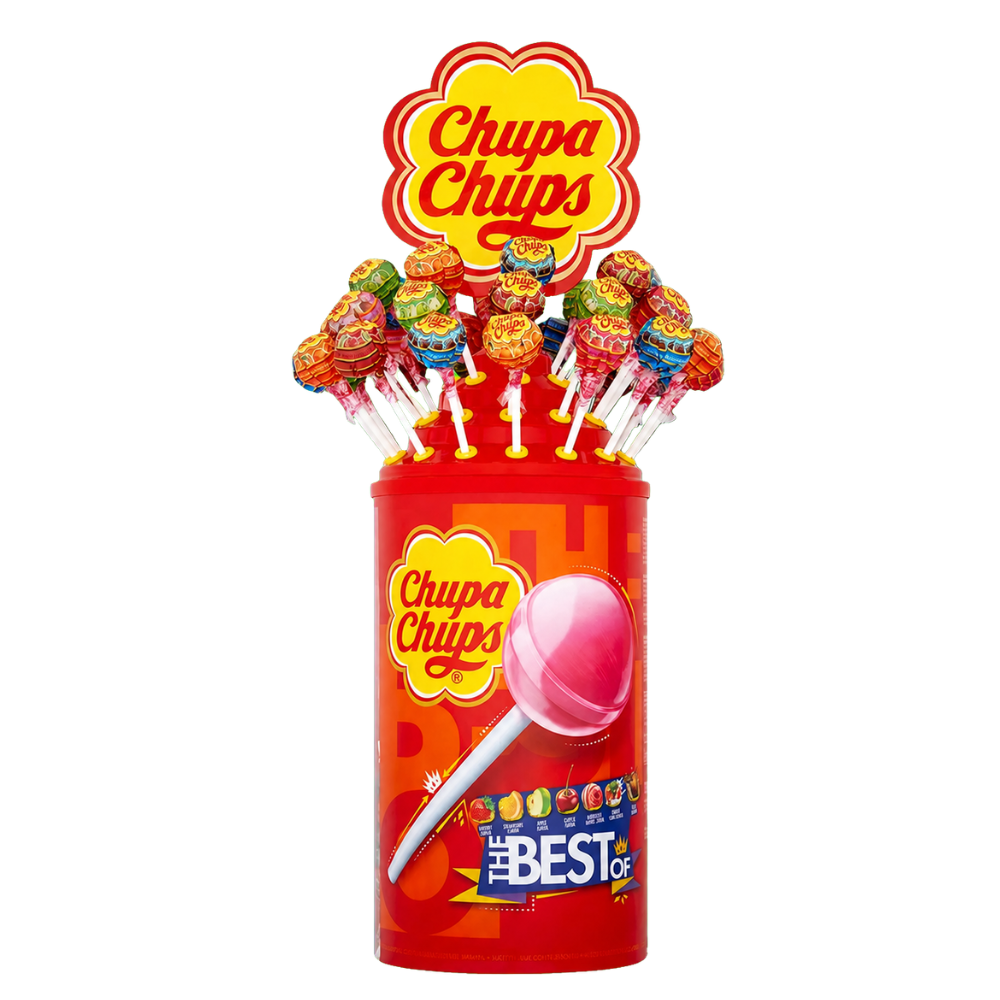 Chupa Chups Silo 100 Lollies 1200g | Presentatiestandaard | Appel, Aardbei, Kers & Cola