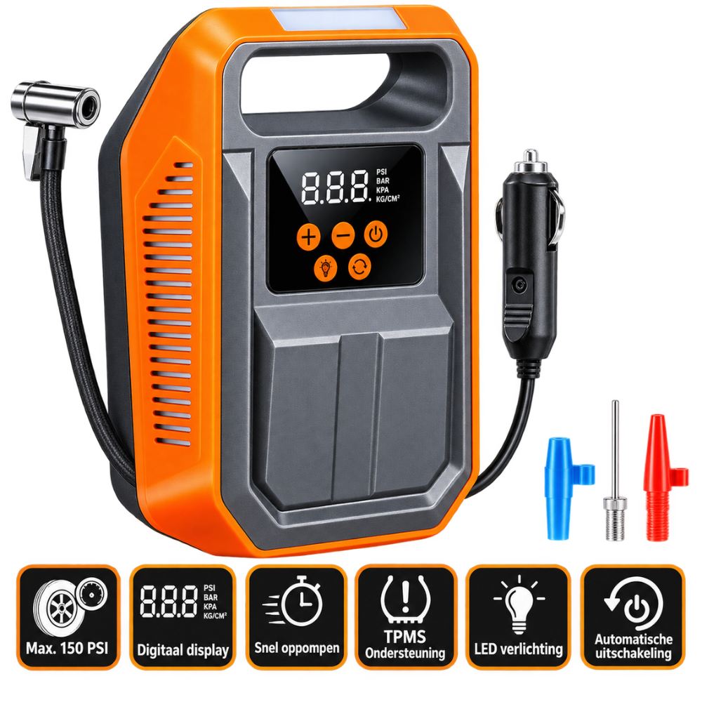 Hofftech Draagbare Compressor 12V 150 PSI – Digitaal Display & LED | Auto, Fiets & Luchtbed