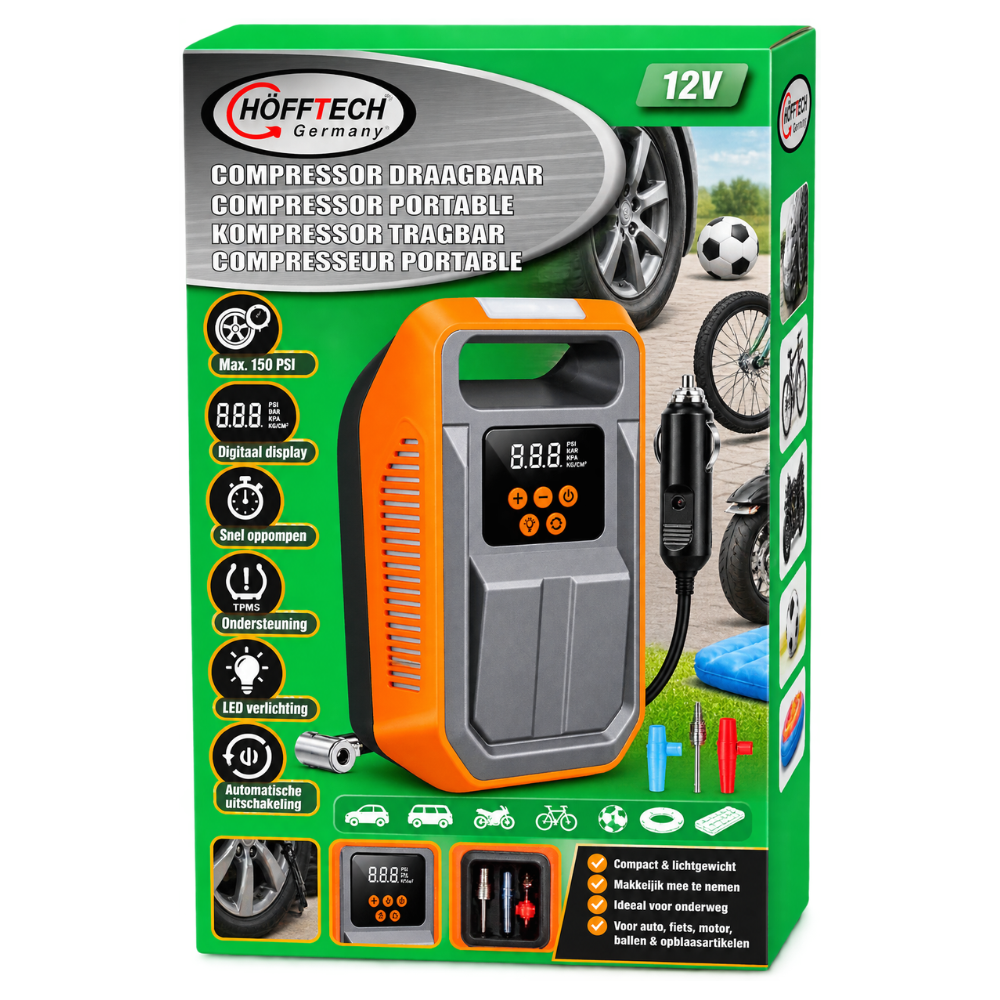 Hofftech Draagbare Compressor 12V 150 PSI – Digitaal Display & LED | Auto, Fiets & Luchtbed