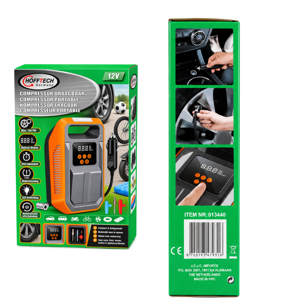 Hofftech Draagbare Compressor 12V 150 PSI – Digitaal Display & LED | Auto, Fiets & Luchtbed