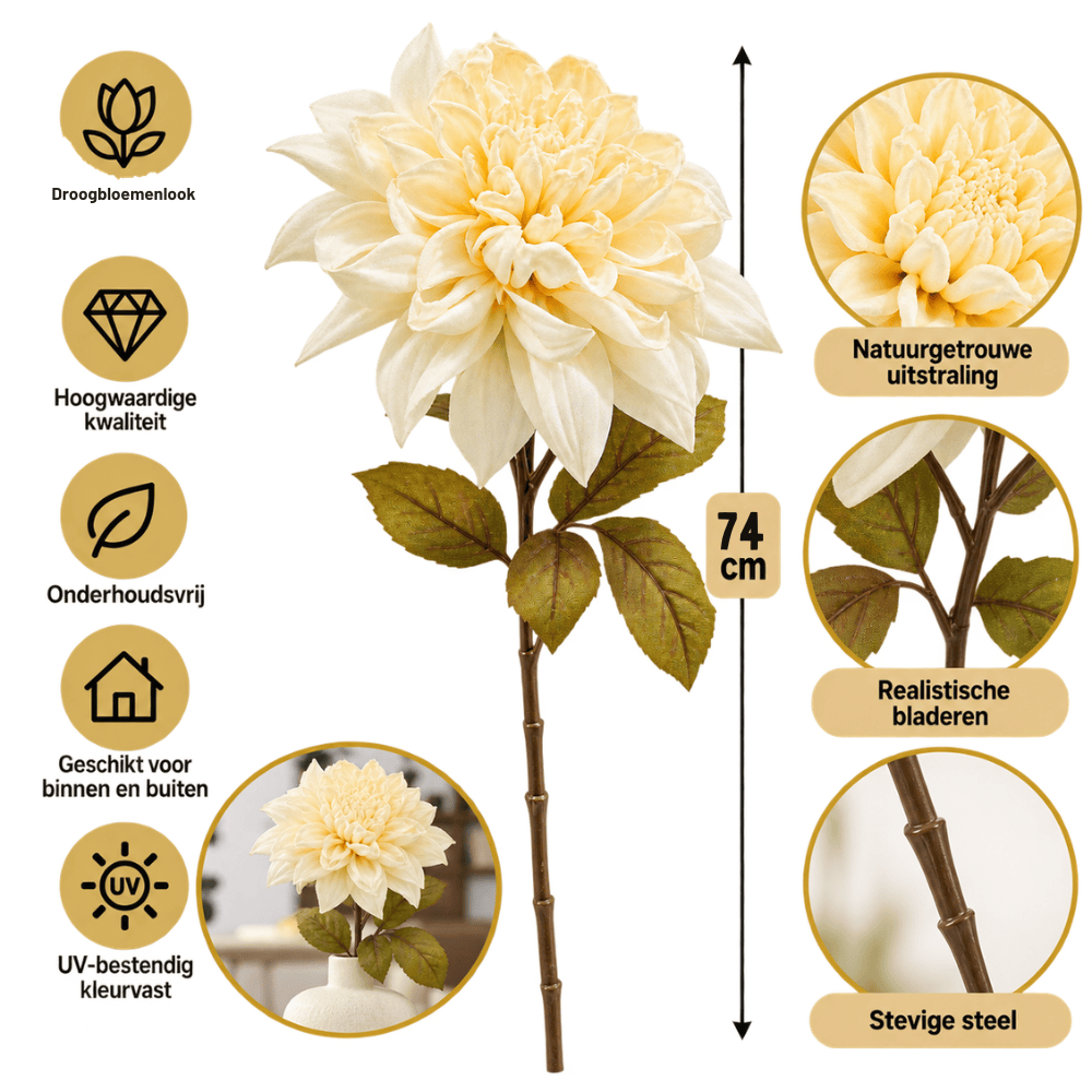 Kunst Dahlia | 74 cm | Crème | Droogbloemenlook