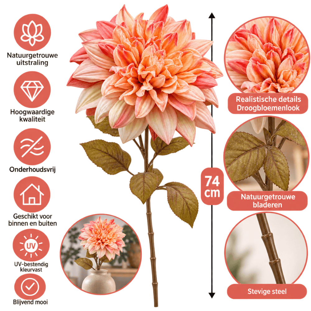 Kunst Dahlia | 74 cm | Perzik | Droogbloemenlook