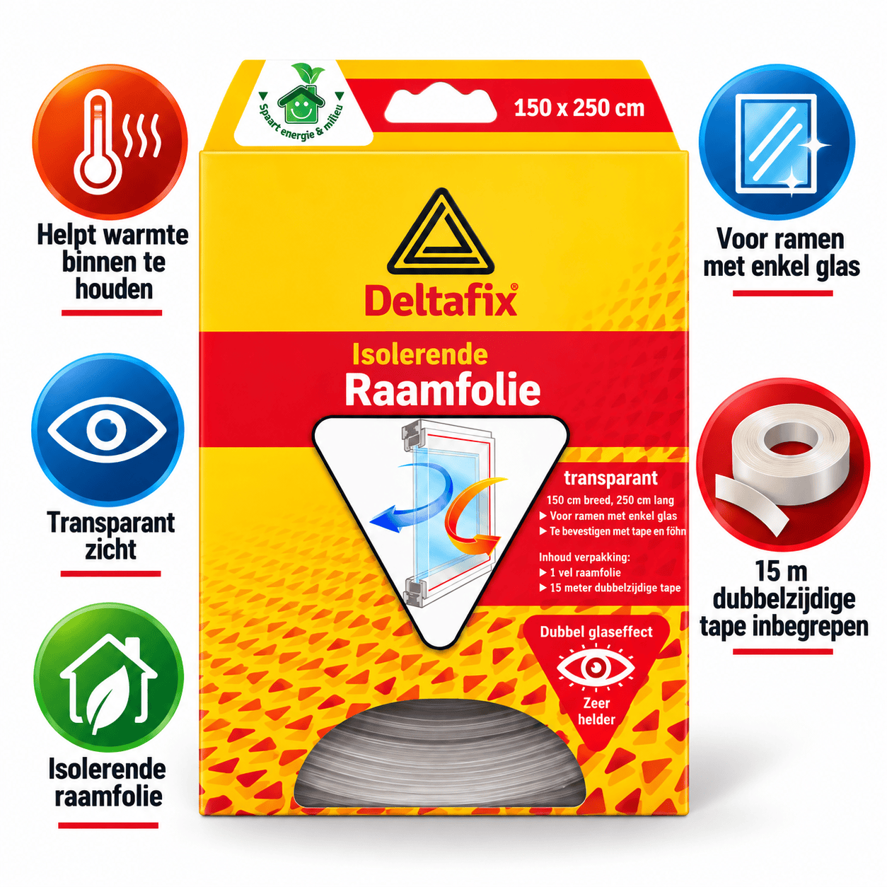 Deltafix Raamisolatiefolie Transparant – 150 × 250 cm, Inclusief Tape