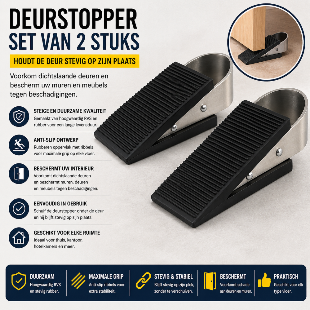 Deurstopper Rubber Wigmodel met RVS Beugel – 2 Stuks
