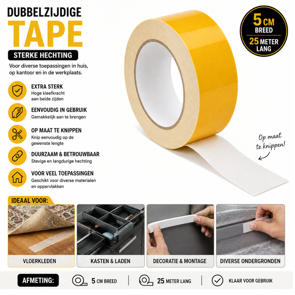 Dubbelzijdige Dun Weefseltape 5 cm x 25 m – Extra Sterk | Tapijttape Wit | 250 µm