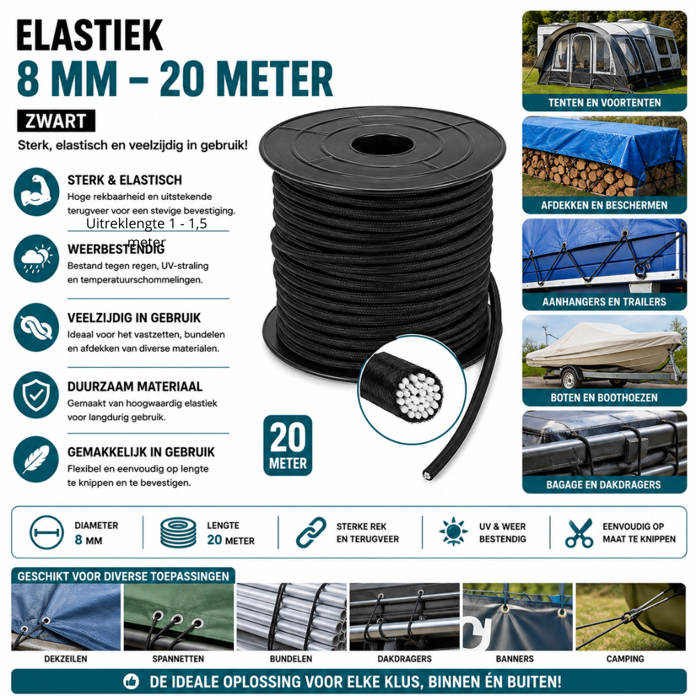 Spanelastiek op Rol 20m ×8mm Zwart – Weerbestendig | Trailer, Zeil & Banner
