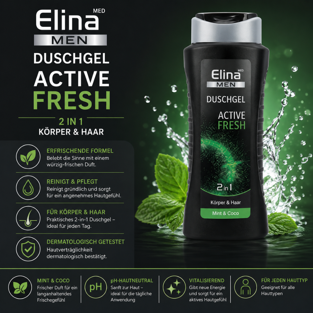 Elina 2-in-1 Active Fresh Douchegel & Shampoo for Men – 300 ml – Douchegel en Shampoo – Frisse Mannelijke Geur
