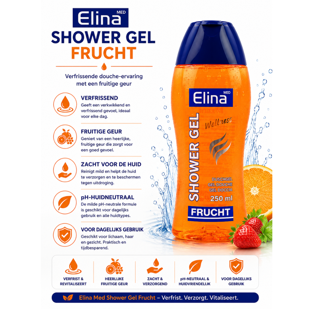 Elina Wellness Douchegel Fruit – 250 ml – Verzorgende Douchegel – Fruitige Geur – Voor Dagelijks Gebruik