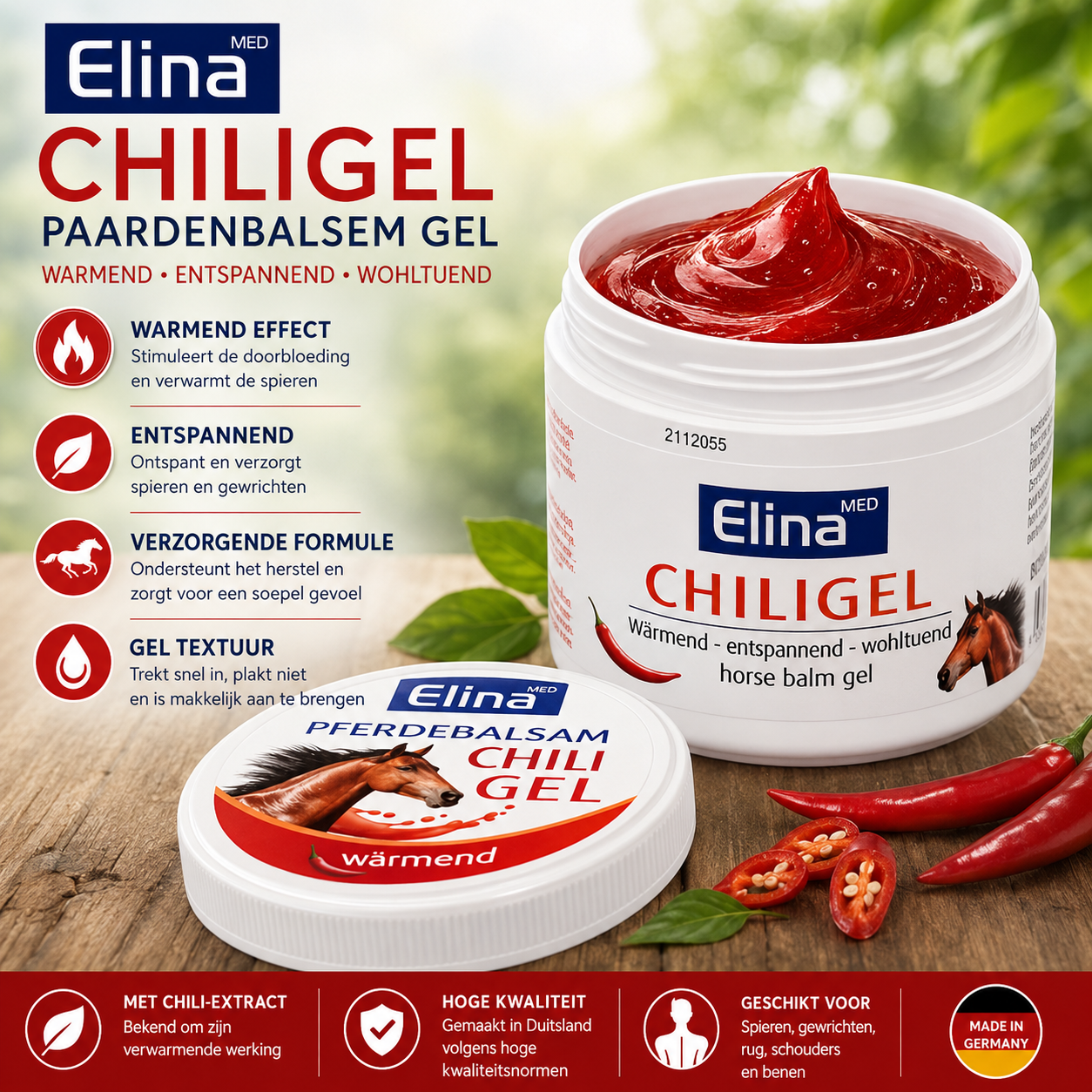 Elina Med Paardenbalsem Chili Gel 500ml – Verwarmend | Spieren & Gewrichten