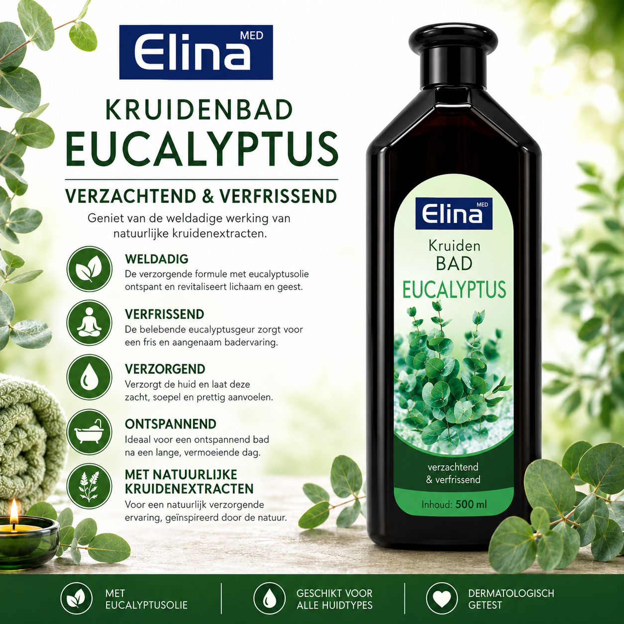 Elina Herbal Spa Badschuim 500ml – Eucalyptus – Verzachtend & Verkwikkend
