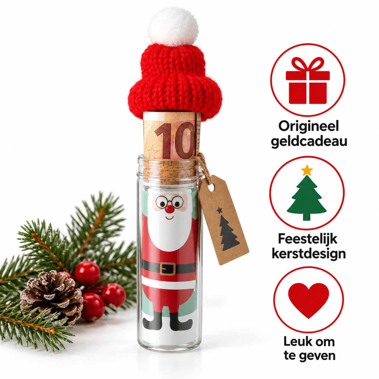 Geldcadeau Verpakking Kerst – Glazen Buisje met Wintermuts