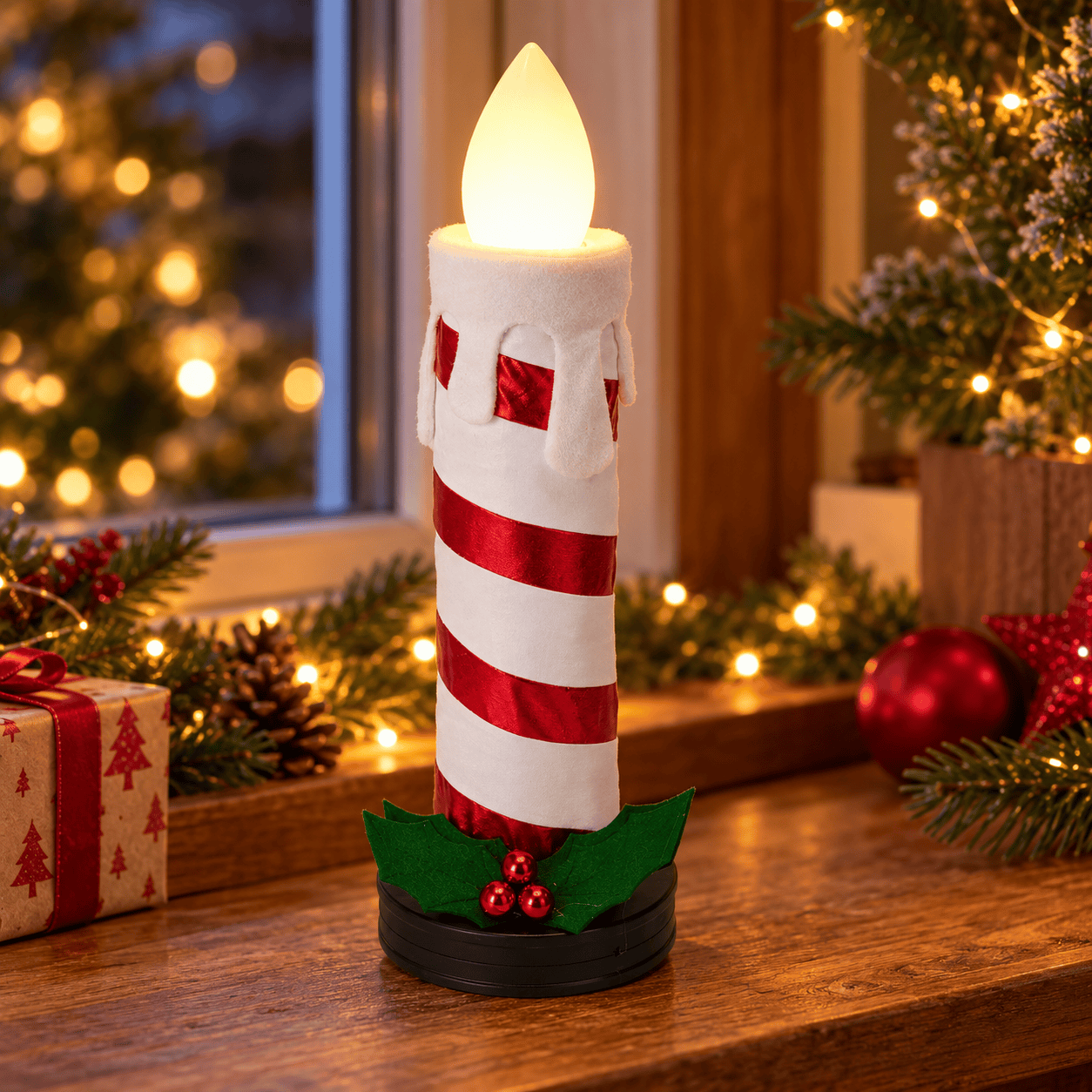 Opvouwbare LED-Kerstkaars XXL 60 cm – Met 6-uurs Timer rode en wit gestreept