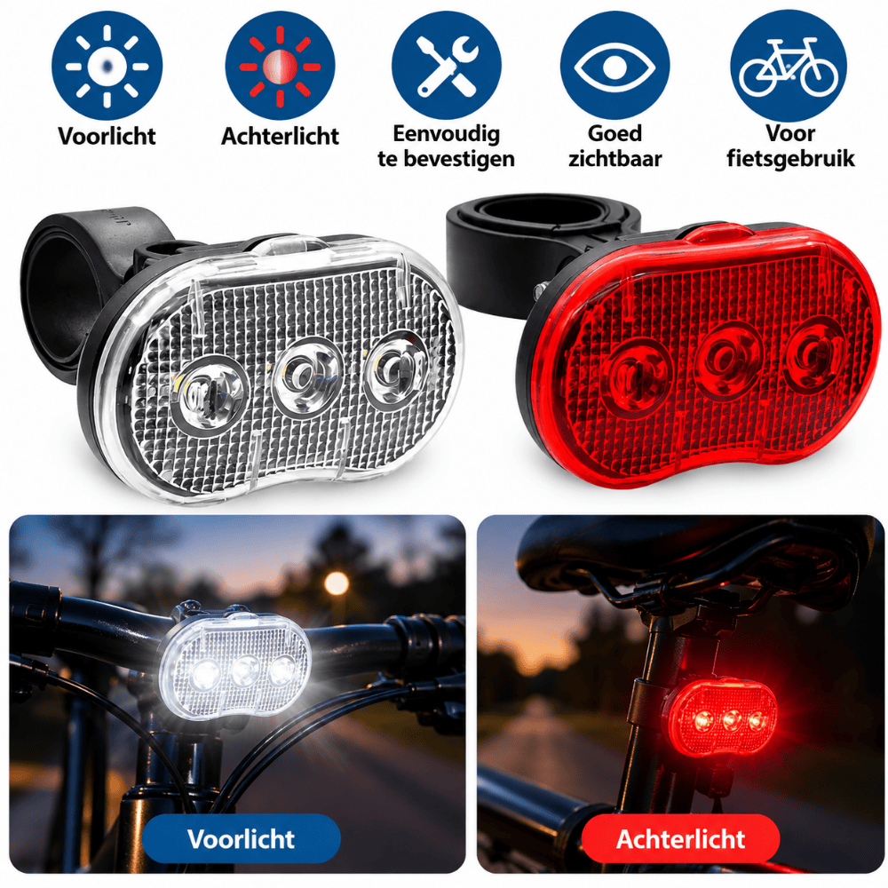 Benson LED Fietsverlichtingset – Voor- & Achterlicht | 3 LED | Incl. Batterijen | Stuur & Zadelpen
