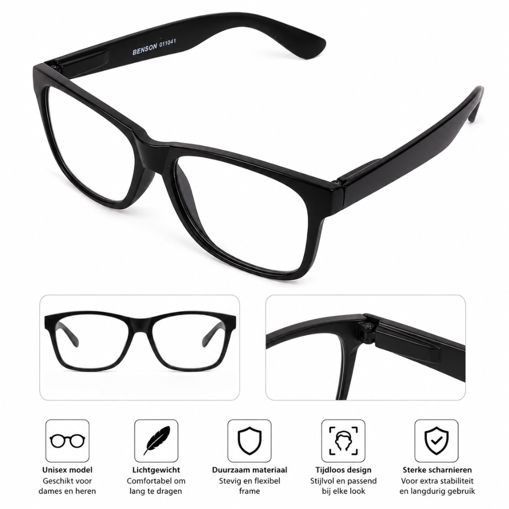 Leesbril Cannes Zwart +1.00 – Unisex | Benson Optics | Veerscharnier | 143 mm