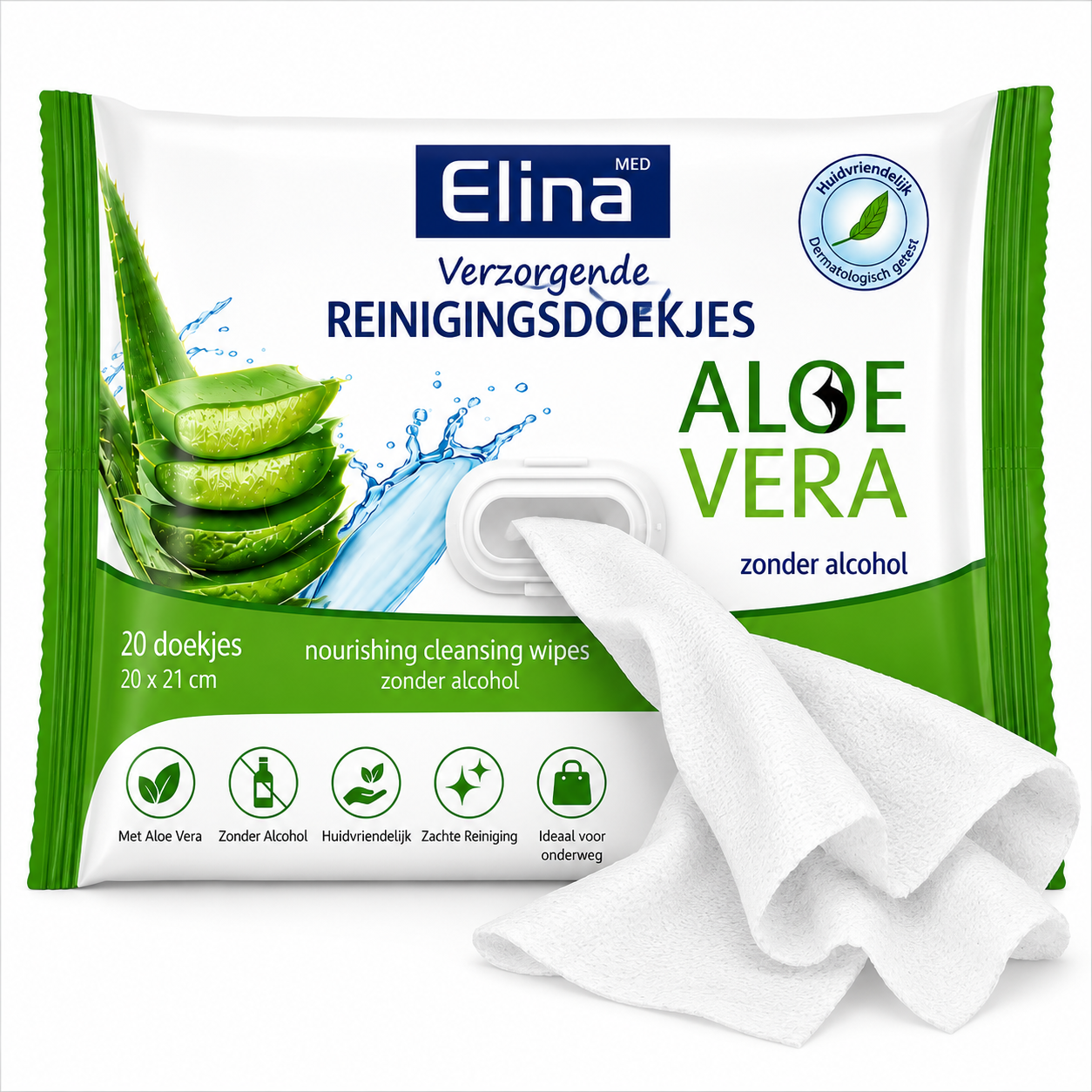 Elina Vochtige Doekjes 20 stuks – Alcoholvrij met Aloë Vera – 20 x 21 cm