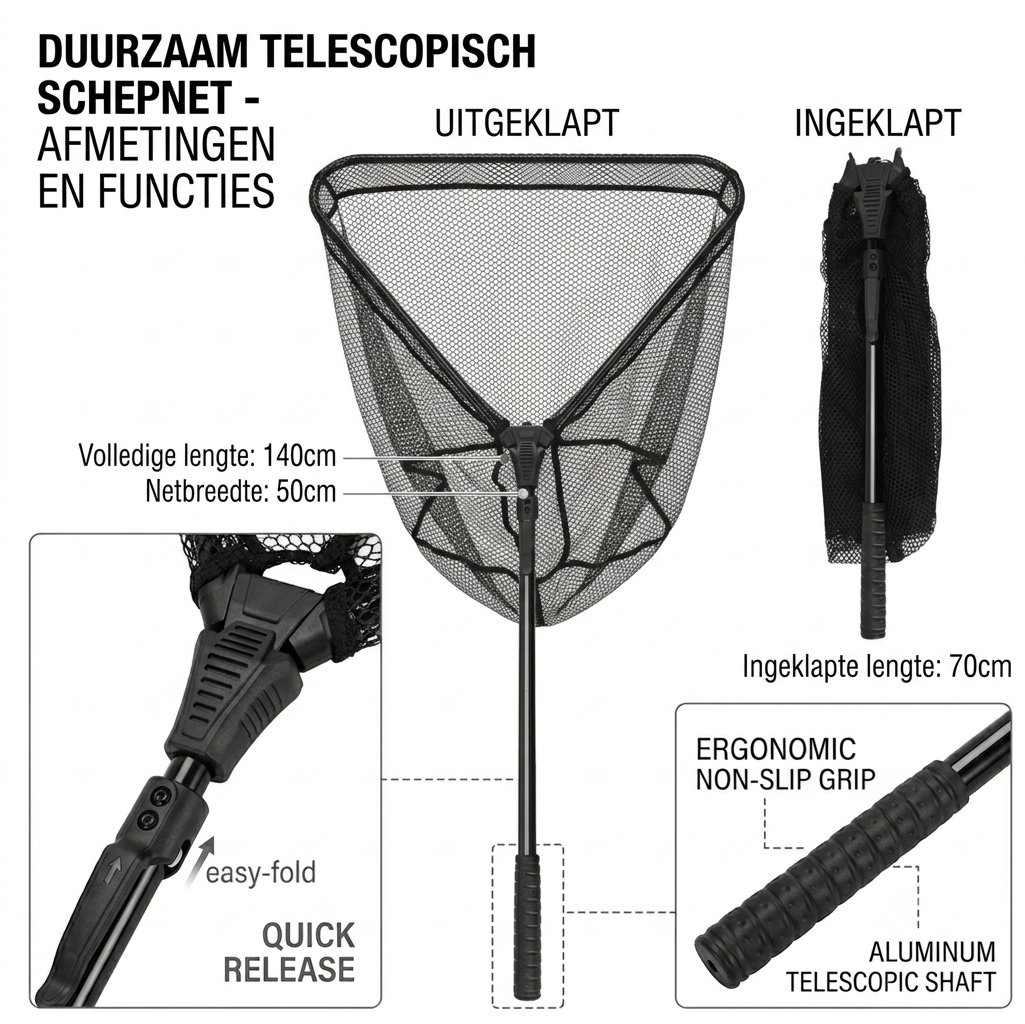 Schepnet Zwart Inklapbaar – Landingsnet voor Vissen, Vijver & Aquarium