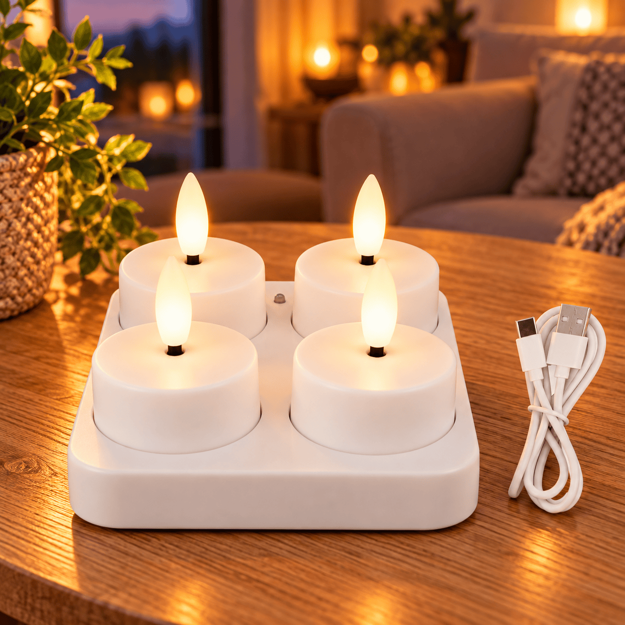Oplaadbare LED-Theelichtenset – Wit, 4-delig
