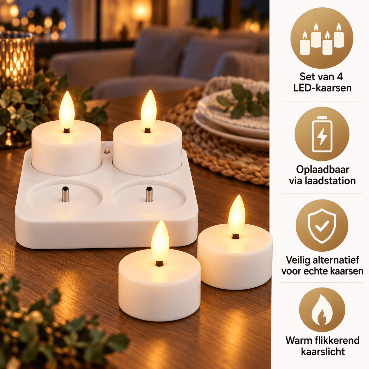 Oplaadbare LED-Theelichtenset – Wit, 4-delig