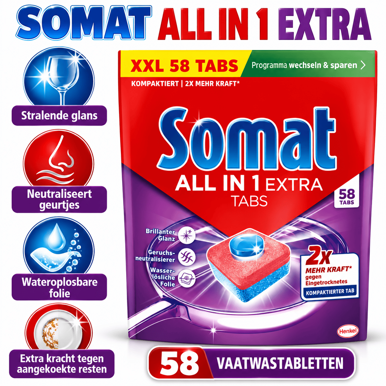 Somat All-in-1 Vaatwastabletten XXL – 58 Stuks