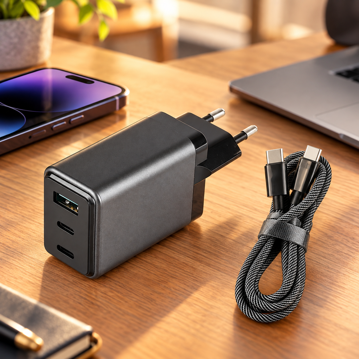 Snellader USB-A en 2xUSB-C + oplaadkabel USB-C, 65W