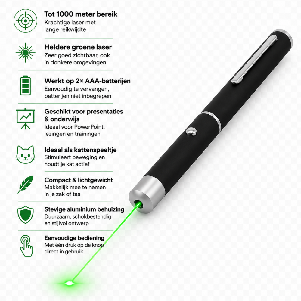Professionele Groene Laserpen – Bereik tot 1000m – 18+ – 2x AAA