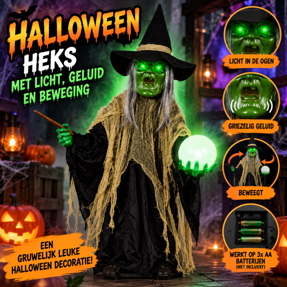 Halloween Heks XXL 183 cm – Met LED-verlichting, Geluid & Beweging | Decoratie
