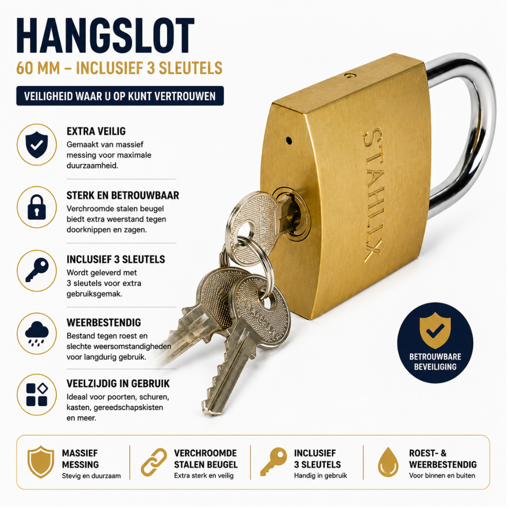 Benson Hangslot 60 mm – Staal – Inclusief 3 Sleutels – Binnen & Buiten