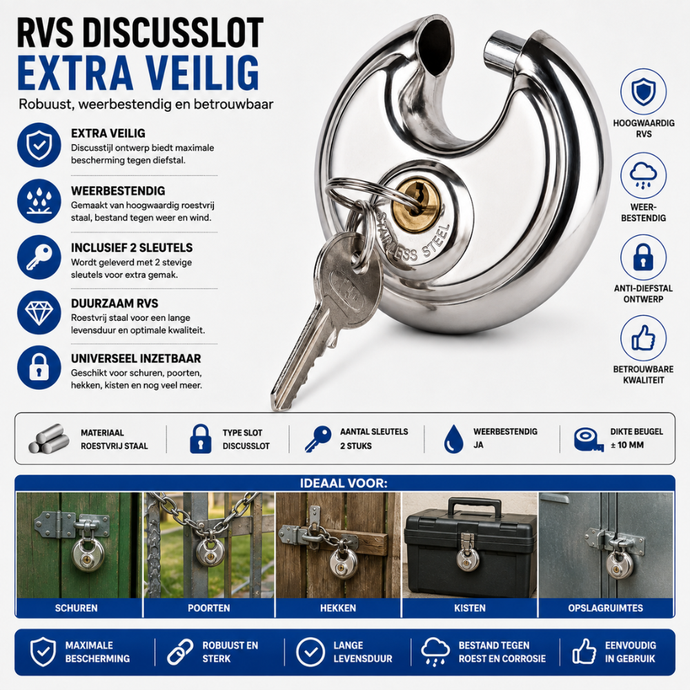 Discusslot 70 mm – Roestvrij Staal | Anti-Diefstal Hangslot voor Fiets, Schuur & Aanhanger