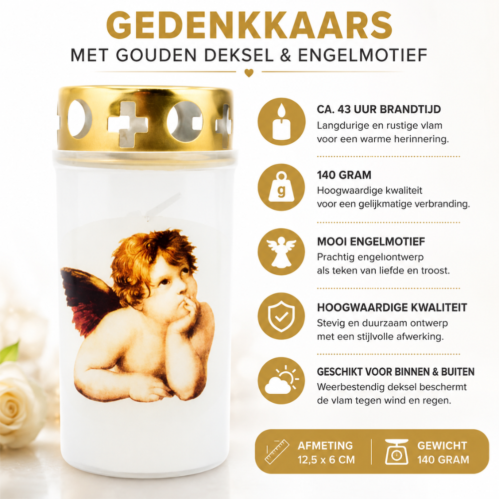Gedenkkaars Wit met Gouden Deksel & Engelmotief | 43 Branduren – 140 g