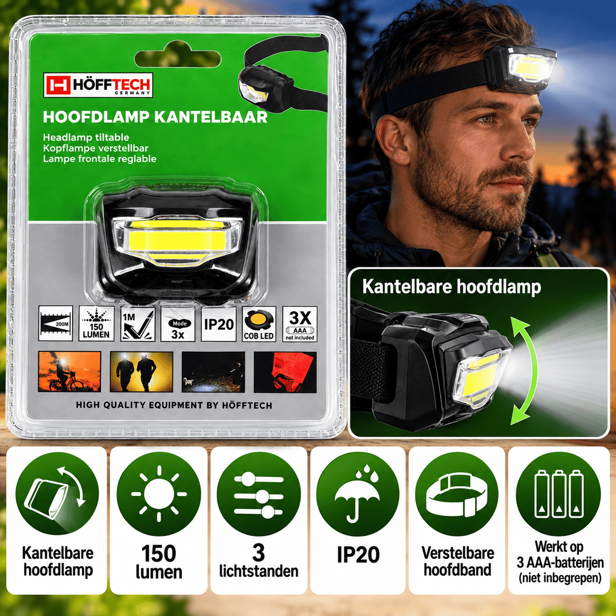 Kantelbare COB Hoofdlamp 3W – 150 Lumen, 3 Lichtstanden