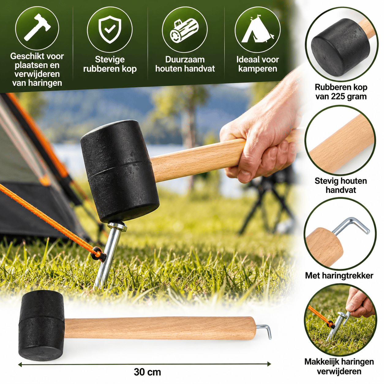 Camping hamer met rubberen kop en haringtrekker 30 cm