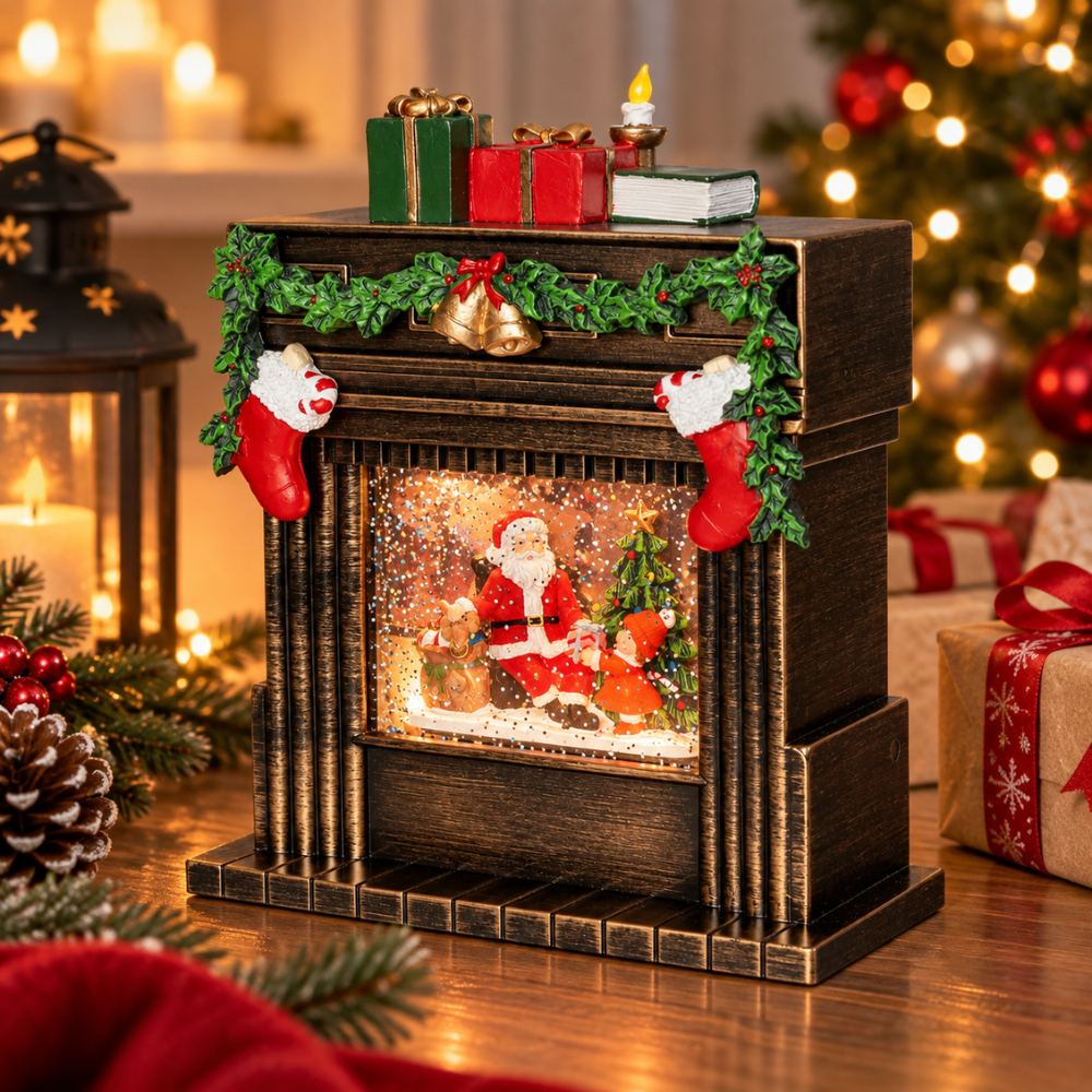 LED Sneeuwbol Haard met Kerstman 23 cm – Bewegende Glitter & Warm Wit Licht | Kerstdecoratie