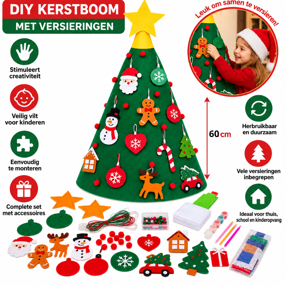 Kids Kingdom Vilten Kerstboom 60x50 cm – Versieren met Hangertjes & Diamanten | Vanaf 3 jaar