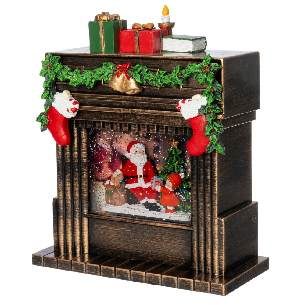 LED Sneeuwbol Haard met Kerstman 23 cm – Bewegende Glitter & Warm Wit Licht | Kerstdecoratie
