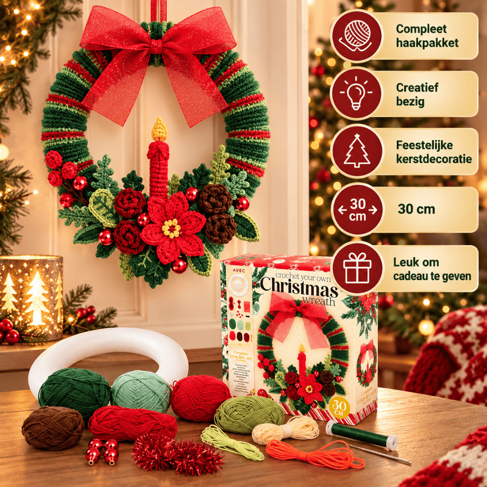 Kerstkrans Haakpakket DIY – 30 cm | Complete Set | Zelf Haken | Kerstdecoratie