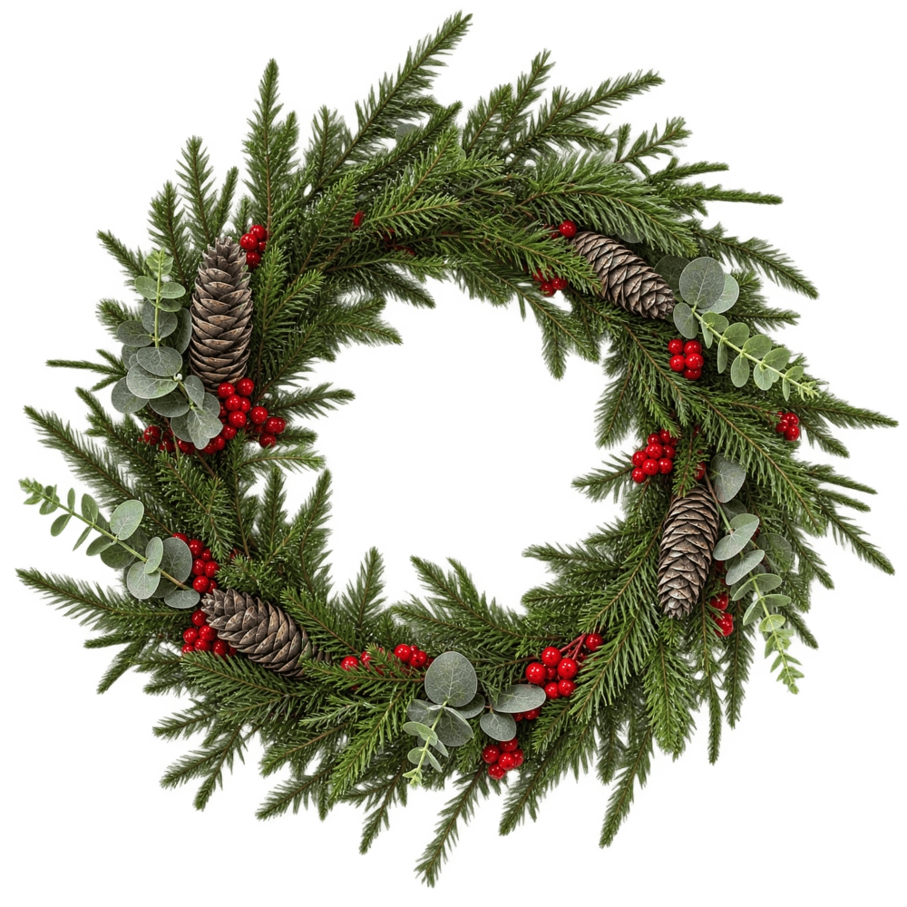 Kerstkrans 60 cm – Rode Bessen, Dennenappels & Eucalyptus | 130 Takpunten | Binnen & Buiten