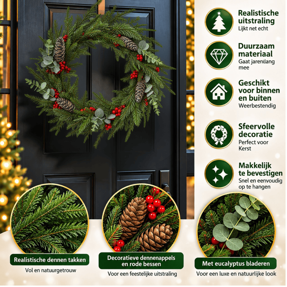 Kerstkrans 60 cm – Rode Bessen, Dennenappels & Eucalyptus | 130 Takpunten | Binnen & Buiten
