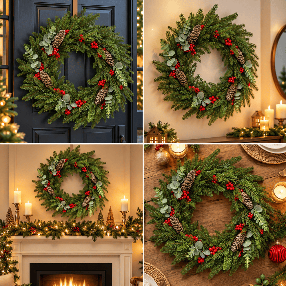 Kerstkrans 60 cm – Rode Bessen, Dennenappels & Eucalyptus | 130 Takpunten | Binnen & Buiten
