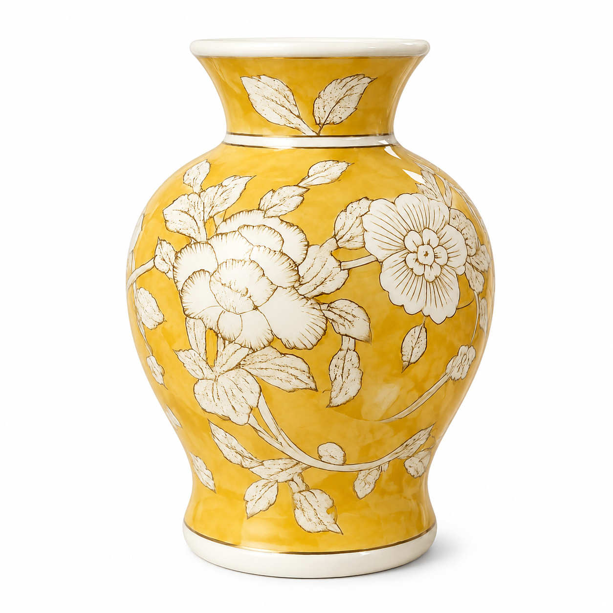Porseleinen Bloemenvaas – Geel Wit Bloemmotief – Chinoiserie Stijl – Ø 15 × H 18 cm