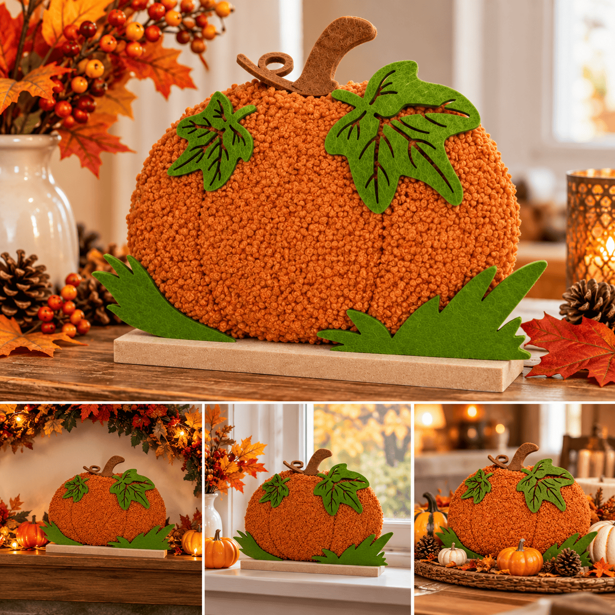 Herfstdecoratie Pompoen op Houten Standaard – 23 × 17 cm