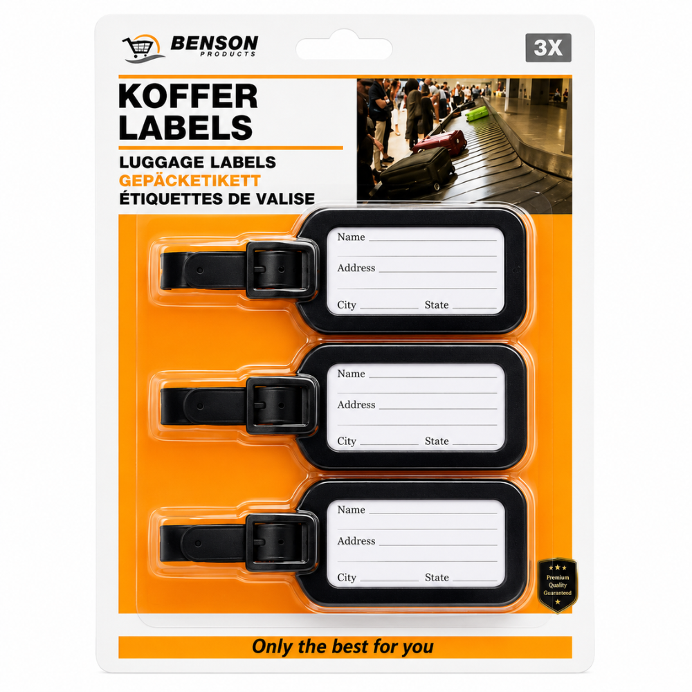 Bagagelabels Zwart Set 3 Stuks – Kunststof Kofferlabels met Verstelbaar Bandje