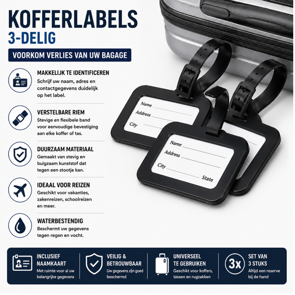 Bagagelabels Zwart Set 3 Stuks – Kunststof Kofferlabels met Verstelbaar Bandje
