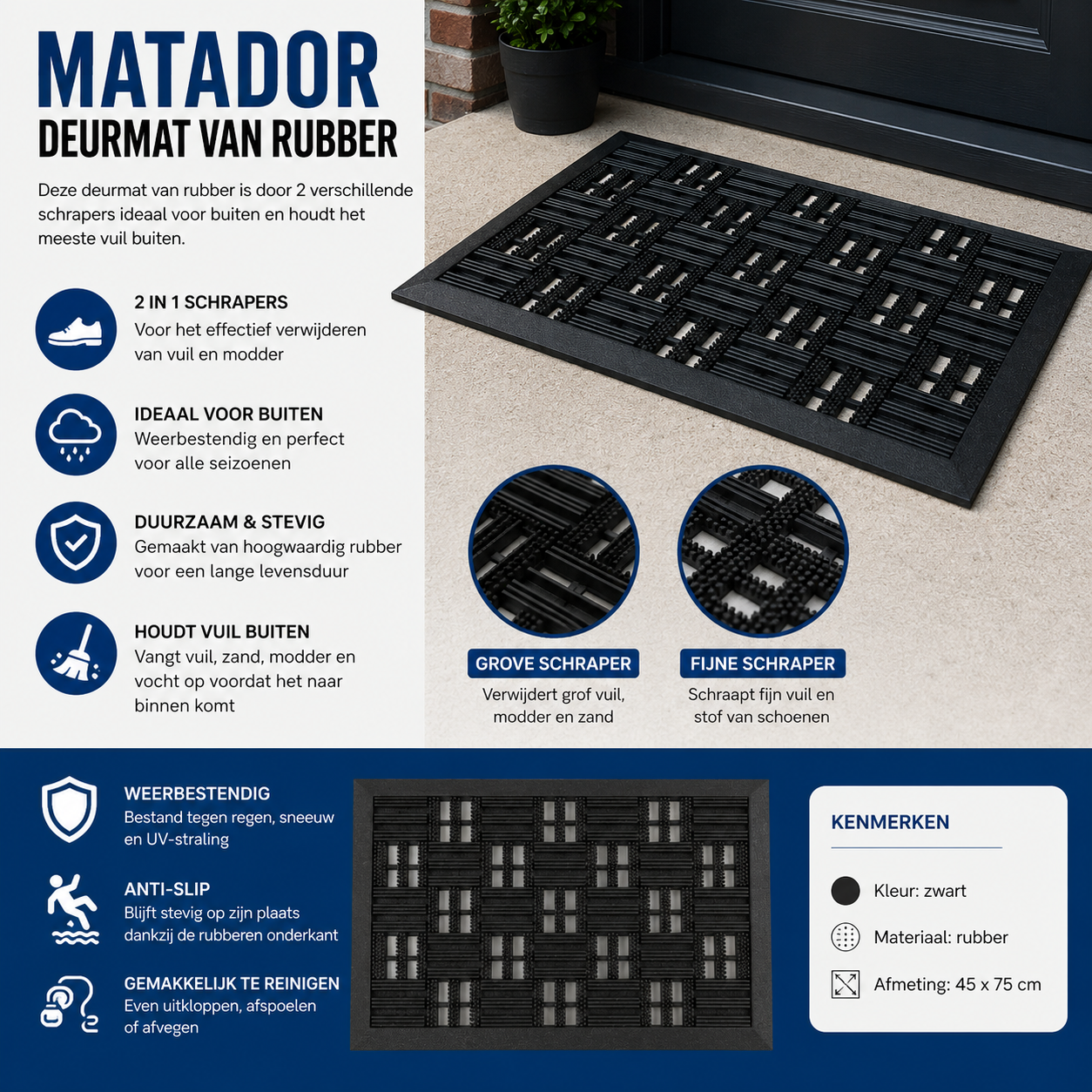 Intrada Matador Rubberen Deurmat – 45 × 75 cm – Anti-Slip – Vochtdoorlatend