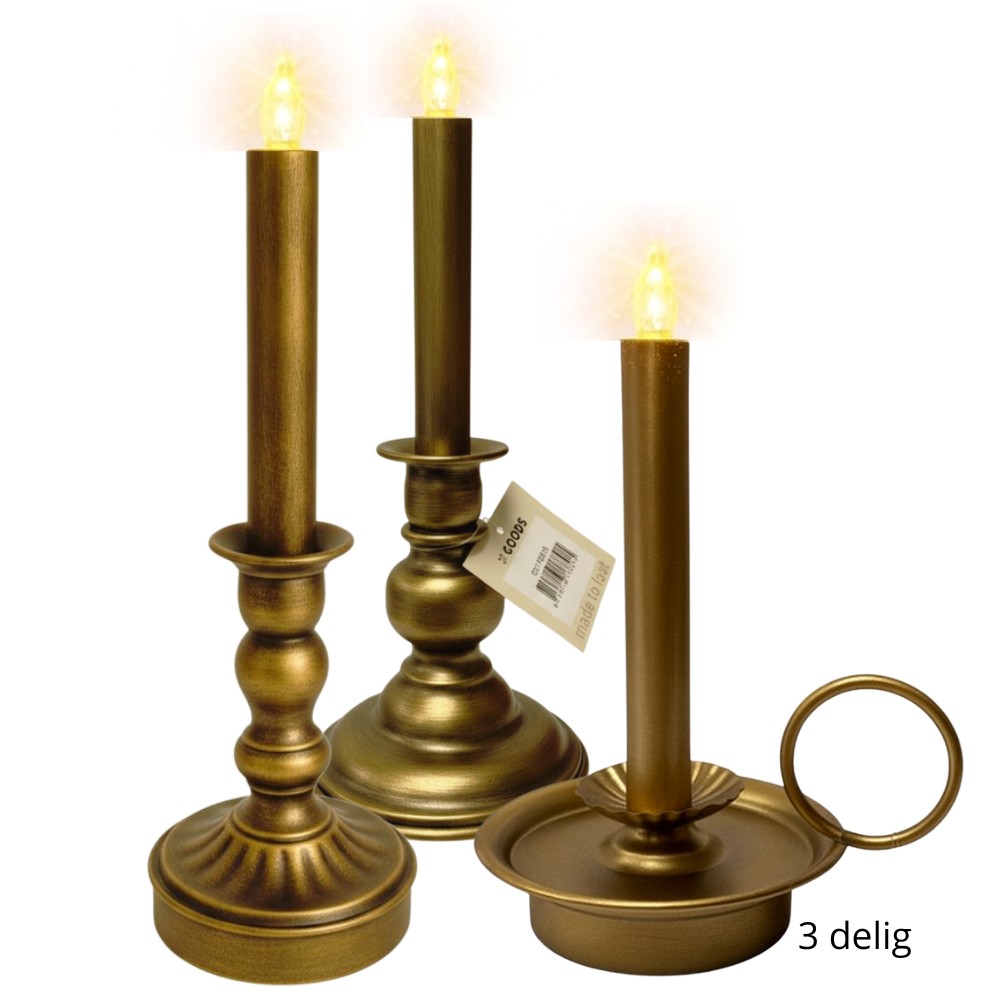 GOODS - Metalen Kandelaar Ring - 3 delig  LED Kaars – Real Flame Effect – Goudkleur – 2x AA - Metaal